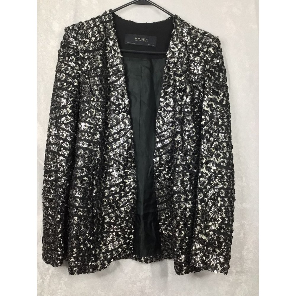 ZARA BASIC COLLECTION SEQUIN BLAZER JACKET SIZE SMALL BLACK/SILVER